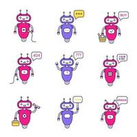 Chatbots color icons set. Buy, USB, question, not found, code, free, repair, error, typing bots. Modern robots. Isolated vector illustrations