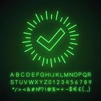 Checkmark neon light icon. Successfully tested. Tick mark. Quality assurance. Glowing sign with alphabet, numbers and symbols. Approved. Quality badge. Vector isolated illustration