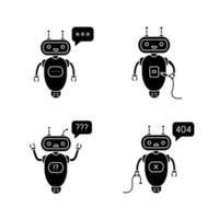 Conjunto de iconos de glifo de chatbots. talkbots. asistentes virtuales. escribiendo, usb, pregunta, bots de chat no encontrados. robots modernos. símbolos de silueta. vector ilustración aislada