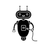 Chatbot with USB cable glyph icon. Silhouette symbol. Talkbot with USB slot plugs to cable. Modern robot. Virtual assistant. Online helper. Negative space. Vector isolated illustration