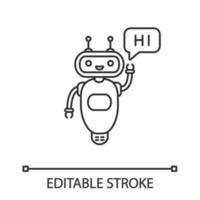 Chatbot saying hi linear icon. Thin line illustration. Talkbot greeting user. Virtual assistant. Online helper. Modern robot. Contour symbol. Vector isolated outline drawing. Editable stroke