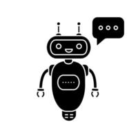 Chatbot typing answer glyph icon. Silhouette symbol. Talkbot with three dots in speech bubble. Modern robot. Processing request virtual assistant. Negative space. Vector isolated illustration