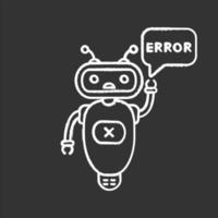 icono de tiza de chatbot de error. talkbot con error en el bocadillo. atención al cliente en línea. asistente virtual. robot moderno. ilustración de pizarra de vector aislado