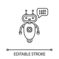 Chatbot coding linear icon. Thin line illustration. Talkbot with chip insert. Codebot. Code writing virtual assistant. Online helper. Contour symbol. Vector isolated outline drawing. Editable stroke