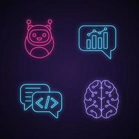 Chatbots neon light icons set. Virtual assistants. Code, statistics, support chat bots. Modern robots. Digital brain. Chatterbots. AI. Glowing signs. Vector isolated illustrations