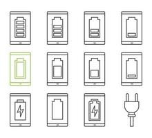 Conjunto de iconos lineales de carga de batería de teléfono inteligente. indicador de nivel de batería del teléfono móvil. carga media, baja y alta. símbolos de contorno de línea fina. ilustraciones de contorno de vector aislado. trazo editable