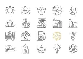 Electric energy linear icons set. Electricity. Power generation and accumulation. Alternative energy resources. Thin line contour symbols. Isolated vector outline illustrations. Editable stroke