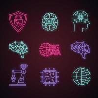 Artificial intelligence neon light icons set. Neurotechnology. Cybersecurity, ai, digital brain, neural network, big data, iot robot, internet of things. Glowing signs. Vector isolated illustrations