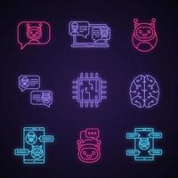 Chatbots neon light icons set. Talkbots. Support service, chat, messenger bots. Modern robots. Digital brain and processor. Chatterbots. Glowing signs. Vector isolated illustrations