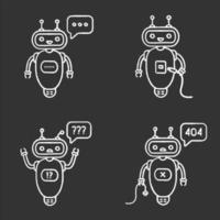 Conjunto de iconos de tiza de chatbots. talkbots. asistentes virtuales. escribiendo, usb, pregunta, bots de chat no encontrados. robots modernos. ilustraciones de pizarra vector aislado