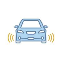 Smart car in front view color icon. NFC auto with radar sensors. Intelligent vehicle. Self driving automobile. Autonomous car. Driverless vehicle. Isolated vector illustration
