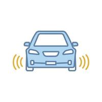 Smart car in front view color icon. NFC auto with radar sensors. Intelligent vehicle. Self driving automobile. Autonomous car. Driverless vehicle. Isolated vector illustration