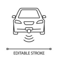 coche inteligente en el icono lineal de vista frontal. nfc auto. vehículo inteligente. Ilustración de línea fina. automóvil autónomo. coche autónomo. vehículo sin conductor. vector contorno aislado dibujo trazo editable