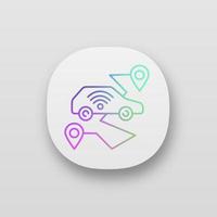 Self driving car app icon. Smart navigation. Setting pickup and drop off locations. Driverless auto route. Autonomous automobile. UI UX user interface. Web application. Vector isolated illustration