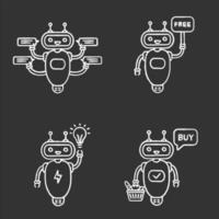 Conjunto de iconos de tiza de chatbots. talkbots. asistentes virtuales. servicio de soporte, gratis, idea, compra bots de chat. robots modernos. ilustraciones de pizarra vector aislado