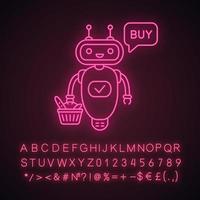 Icono de luz de neón de chatbot de cliente en línea. talkbot con cesta de la compra dice comprar. robot moderno. asistente de compras virtual. signo brillante con alfabeto, números y símbolos. vector ilustración aislada