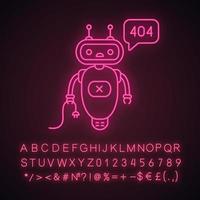 Not found error chatbot neon light icon. Talkbot with error 404 in chat box. Online assistant. Modern robot. Glowing sign with alphabet, numbers and symbols. Vector isolated illustration