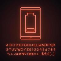 Smartphone low battery neon light icon. Discharged mobile phone. Battery level indicator. Glowing sign with alphabet, numbers and symbols. Vector isolated illustration