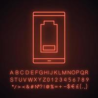 Smartphone low battery neon light icon. Discharged mobile phone. Battery level indicator. Glowing sign with alphabet, numbers and symbols. Vector isolated illustration