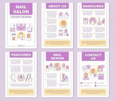 Nail salon brochure template layout. Manicure, pedicure. Nail design, treatment, polish. Booklet, leaflet print design with linear illustrations. Vector page layouts for magazines, reports, posters