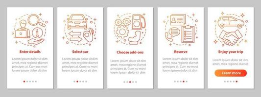 Pantalla de la página de la aplicación móvil de incorporación del servicio de alquiler de coches con conceptos lineales. instrucciones gráficas de pasos de arrendamiento automático. alquilar un coche. ux, ui, plantilla de vector de interfaz gráfica de usuario con ilustraciones