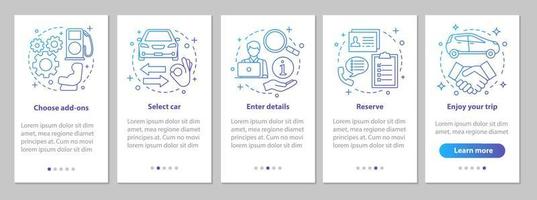 Pantalla de la página de la aplicación móvil de incorporación del servicio de alquiler de coches con conceptos lineales. compartir coche. instrucciones gráficas de pasos de arrendamiento automático. alquilar automóvil. ux, ui, plantilla de vector de interfaz gráfica de usuario con ilustraciones