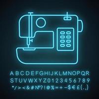 Sewing machine neon light icon. Tailoring. Glowing sign with alphabet, numbers and symbols. Vector isolated illustration