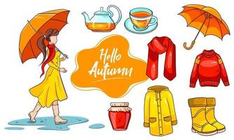 Autumn set. Collection of autumn items. Girl with umbrella and clothes. vector