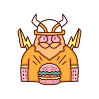 vikingo barbudo con ilustración de rayo y hamburguesa. gráficos de dibujos animados para estampados de camisetas y otros usos. vector