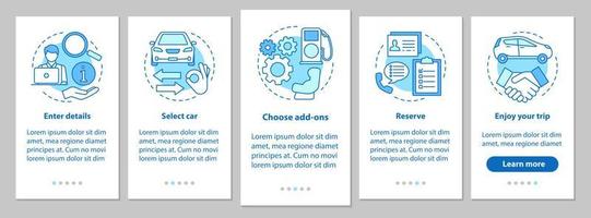 Pantalla de la página de la aplicación móvil de incorporación del servicio de alquiler de coches con conceptos lineales. instrucciones gráficas de pasos de arrendamiento automático. alquilar un coche. ux, ui, plantilla de vector de interfaz gráfica de usuario con ilustraciones