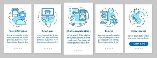 Pantalla de la página de la aplicación móvil de incorporación del servicio de alquiler de coches con conceptos lineales. arrendamiento de automóviles. instrucciones gráficas de pasos de carpooling. alquilar un coche. ux, ui, plantilla de vector de interfaz gráfica de usuario con ilustraciones