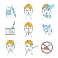 Neurotoxin injection color icons set. Vial, syringe, facial markup, cosmetologist exam, nasolabial folds subcutaneous injection, facial rejuvenation, cream, prohibition. Isolated vector illustrations