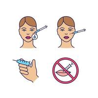 Neurotoxin injection color icons set. Makeup removal, syringe, cosmetologic procedure prohibition, nasolabial folds injection. Isolated vector illustrations