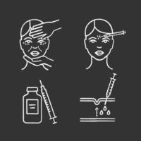 Neurotoxin injection chalk icons set. Cosmetologist exam, syringe and vial, forehead subcutaneous injection. Isolated vector chalkboard illustrations