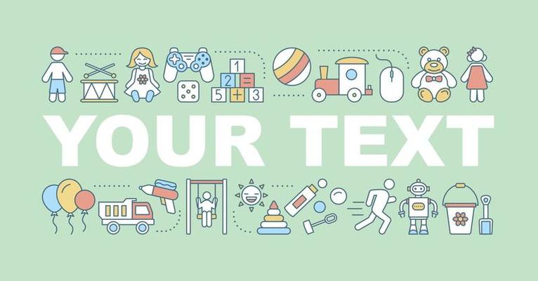 Kids toys word concepts banner. Learn and play. Children entertainment. Educational games. Isolated lettering typography idea with linear icons. Vector outline illustration