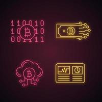 Bitcoin cryptocurrency neon light icons set. Binary code, digital money, cloud mining, hashrate. Glowing signs. Vector isolated illustrations