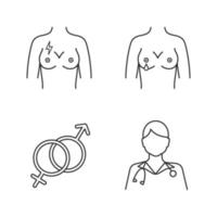 Gynecology linear icons set. Breast pain, nipple discharge, heterosexuality symbol, gynecologist. Thin line contour symbols. Isolated vector outline illustrations. Editable stroke