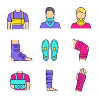 Trauma treatment color icons set. Rib belt, cervical collar, ankle and knee braces, insoles, shoulder immobilizer, shin support, wrist brace. Isolated vector illustrations