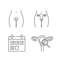 Gynecology linear icons set. Genital rash, female reproductive system, menstrual calendar, gynecological exam. Thin line contour symbols. Isolated vector outline illustrations. Editable stroke