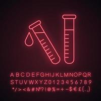 Laboratory test neon light icon. Lab diagnostics. Chemical research. Test tubes. Scientific laboratory. Glowing sign with alphabet, numbers and symbols. Vector isolated illustration