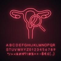 Gynecological exam neon light icon. Female reproductive system examination. Gynecology. Uterus, fallopian tubes, vagina with magnifier. Glowing sign with alphabet, number. Vector isolated illustration