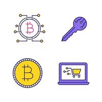 Bitcoin cryptocurrency color icons set. Digital key, bitcoin with microchip pathway, coin, online shopping. Isolated vector illustrations