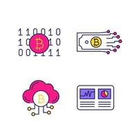 Bitcoin cryptocurrency color icons set. Binary code, digital money, cloud mining, hashrate. Isolated vector illustrations