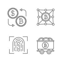 Bitcoin cryptocurrency linear icons set. Currency exchange, fingerprint scanning, mine cart with bitcoin coins. Thin line contour symbols. Isolated vector outline illustrations. Editable stroke