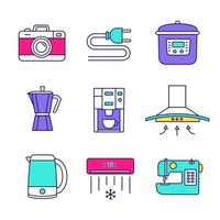 Household appliance color icons set. Photo camera, wire plug, multi cooker, coffee maker, range hood, electric kettle, coffee machine, air conditioner, sewing machine. Isolated vector illustrations