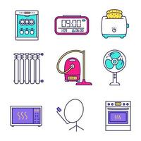 Household appliance color icons set. Dishwasher, digital clock, slice toaster, radiator, vacuum cleaner, floor fan, microwave oven, satellite dish, kitchen stove. Isolated vector illustrations