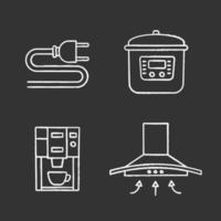 Household appliance chalk icons set. Electric plug, multicooker, coffee machine, range hood. Isolated vector chalkboard illustrations