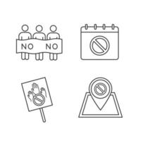 Protest action linear icons set. Social movement date, protest location, banner, picket. Thin line contour symbols. Isolated vector outline illustrations. Editable stroke