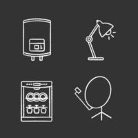 Household appliance chalk icons set. Electric water heater, table lamp, dishwasher, satellite dish. Isolated vector chalkboard illustrations