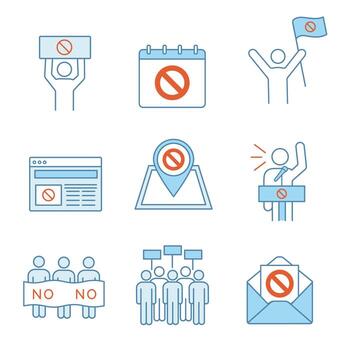Protest action color icons set. Protest banner, date, protester, internet news, location, email, picket, strike, speech. Isolated vector illustrations
